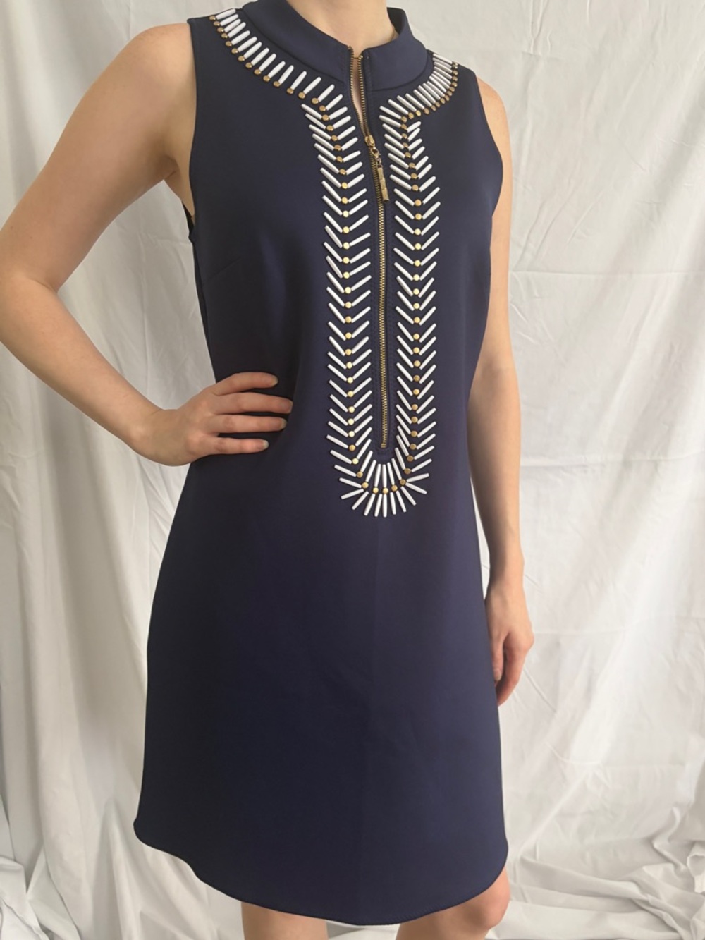 Lilly Pulitzer Navy Sleeveless Shift Dress with White & Gold Beaded Trim